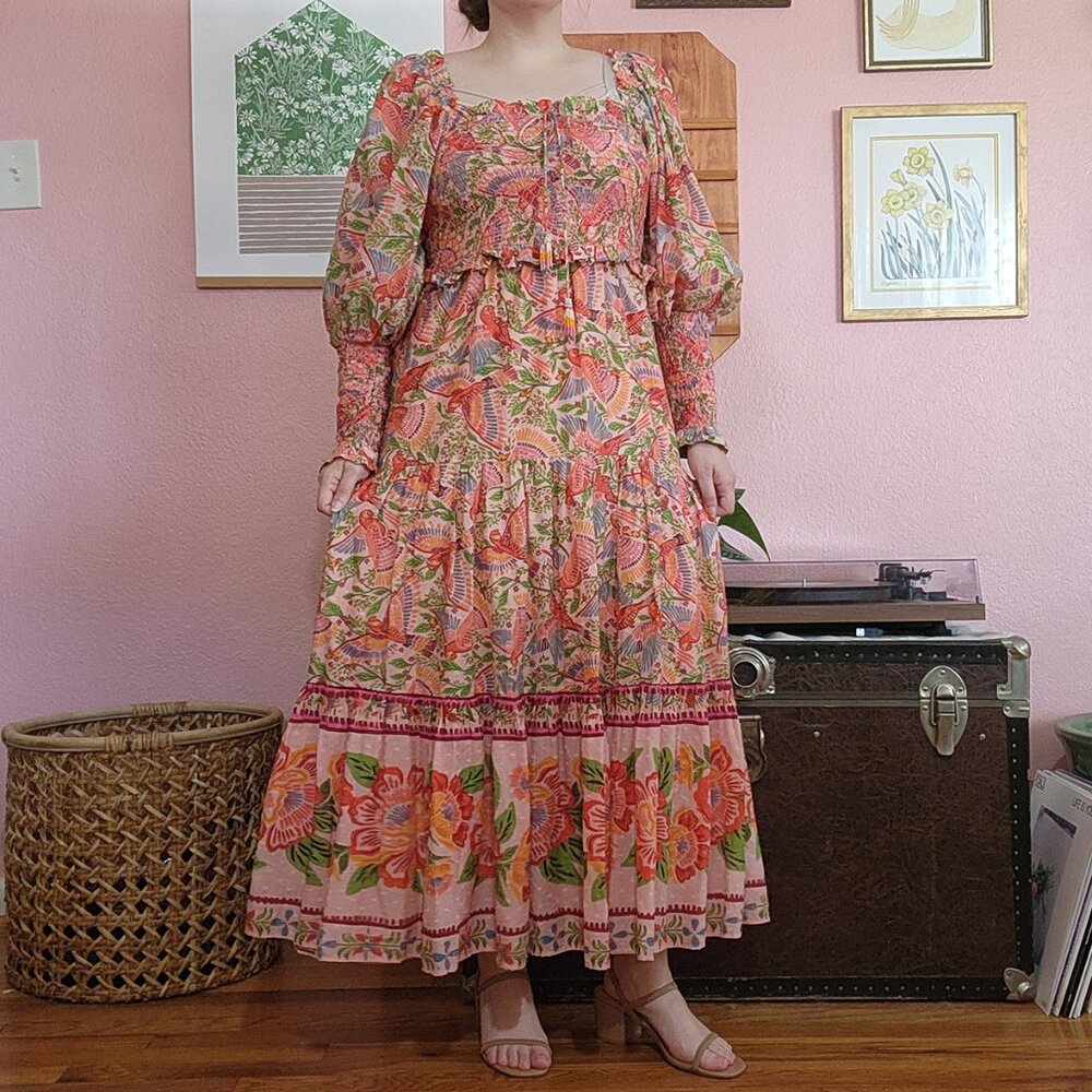 FARM Rio Pink Floral Macaw Print Puff Sleeve Midi Dress Size M